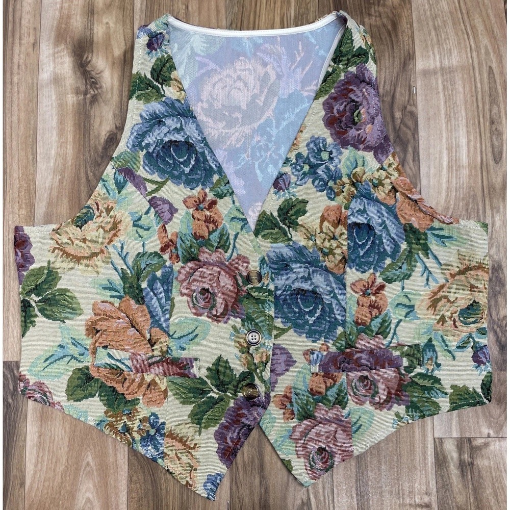 Shein Tapestry Vest Cottagecore Women's Floral Blue White Button Size 3XL